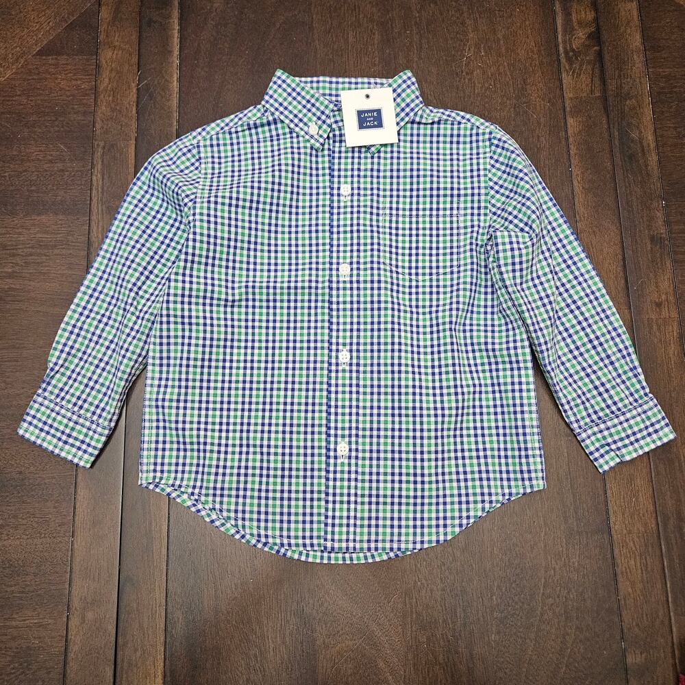 Janie and Jack Button Down Shirt Boys 2T Green Blue Gingham Plaid Dressy NEW